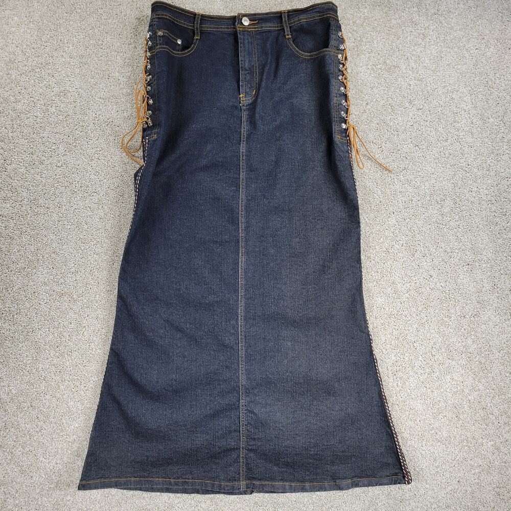 VTG‎ Guess Denim Maxi Skirt Womens M Blue Dark Wash Woven Eyelet Sides Slit Y2K